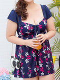 Plus Size Flower Print Sleeved Double-layer Bodysuit Bathing Suits Swimdresses