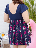 Plus Size Flower Print Sleeved Double-layer Bodysuit Bathing Suits Swimdresses